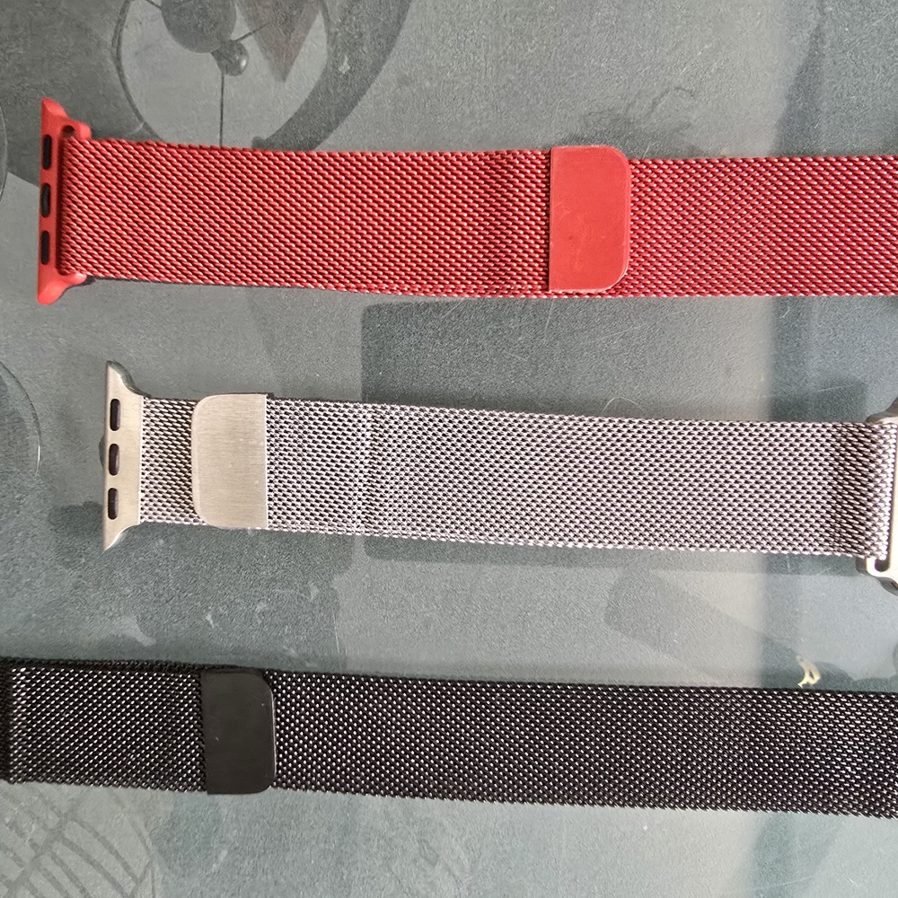 Set of Three Apple Mesh Watch Bands in Red, Silver, and Black